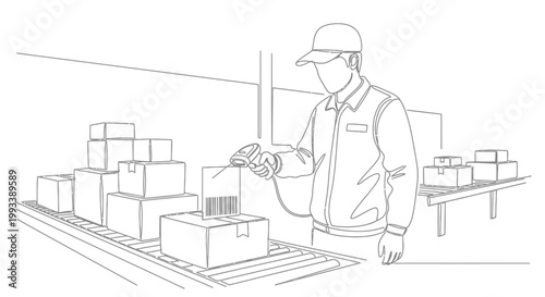Warehouse worker scanning package on conveyor belt.