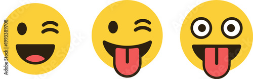Three yellow emoji faces displaying playful expressions joyful winking and tongue out delight