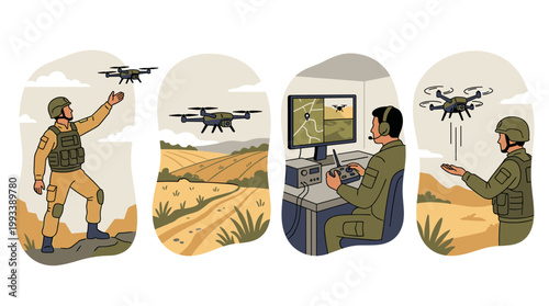 Military drone operations set: soldier launching, flying, monitoring, and landing uav, flat vector