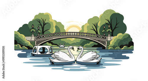 Serene park scene with swans, a boat, and a bridge at sunrise