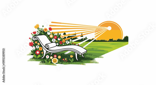 Serene outdoor lounge chair amidst vibrant flowers and a warm, sunlit landscape
