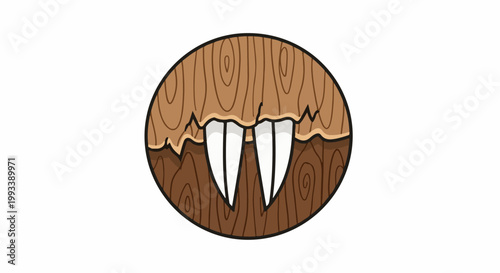 Round wooden emblem with sharp, white fangs emerging from a jagged crack