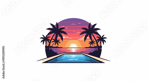 Serene pixel art tropical sunset over ocean with swimming pool foreground