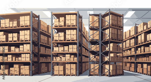 Rows of stacked boxes fill a large industrial storage warehouse