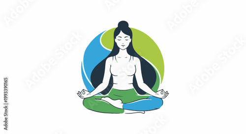 Serene woman meditates with calm mind, surrounded by circular nature inspired design