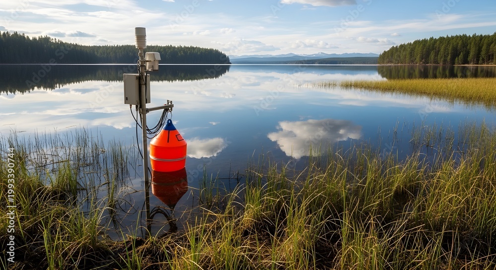 Obraz premium A serene lake scene with a bright orange buoy in the foreground and lush greenery surrounding the calm water under a blue sky with white clouds
