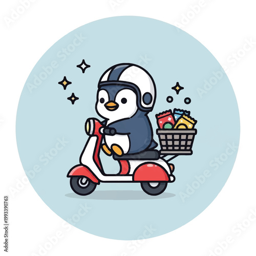 Penguin riding red scooter with helmet.