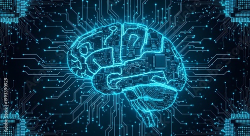 A futuristic digital illustration of a human brain with circuit board patterns and neon blue lines on a dark background