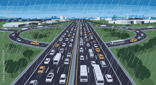 Pixelated heavy traffic on a multi-lane highway in the rain