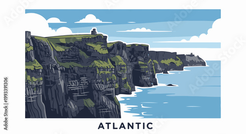 Pixel art depiction of sheer, green-topped cliffs meeting a calm, blue ocean under a cloudy sky