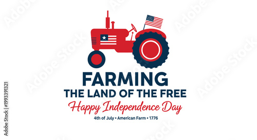 American farming tractor, Independence Day, patriotic vector, red tractor, USA flag