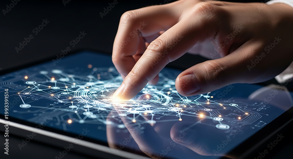 Naklejka premium Hand touching a digital tablet with glowing network connections and abstract data