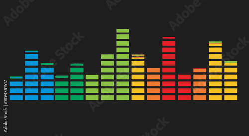 Vector illustration of a digital music equalizer background featuring colorful sound waves and frequency spectrum bars for disco audio technology design