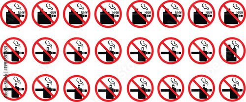 No Vaping and Electronic Cigarette Prohibited Sign Vector Set with Red Warning Circle for Public Health Safety