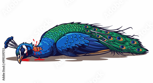 Pixel art illustration of a wounded peacock lying on its side, blood splattered