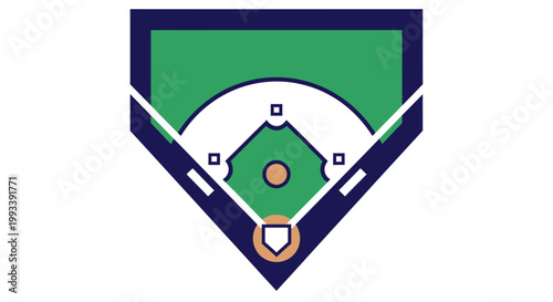 Minimalist top-down illustration of a baseball field showing home plate, bases, and pitcher's mound with green grass and blue lines.