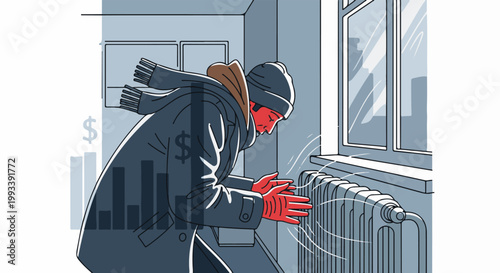 Person warming hands near radiator, with financial chart overlay