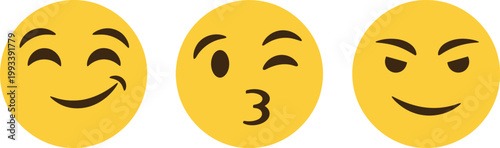 Three yellow emoticons displaying different expressions winking blowing a kiss and smiling with mischief