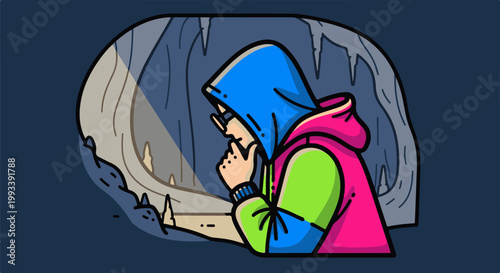 Person wearing a bright hoodie and glasses explores a cave with formations