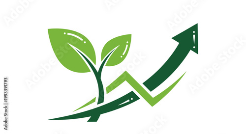 A stylized green plant with two leaves growing alongside an upward-trending arrow, symbolizing growth, sustainability, and environmental business progress.