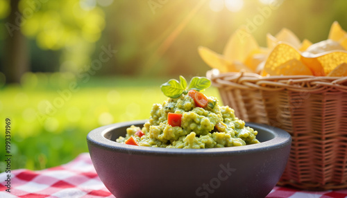 Fresh guacamole with tortilla chips in sunny park, outdoor delight