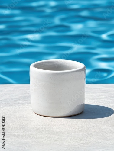 White cup by poolside single white cup rests on table beside serene pool water - single white cup rests on table beside serene pool water