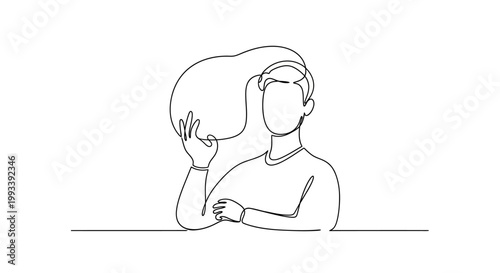 Man holding a bright idea light bulb above head, one line drawing, minimalist concept
