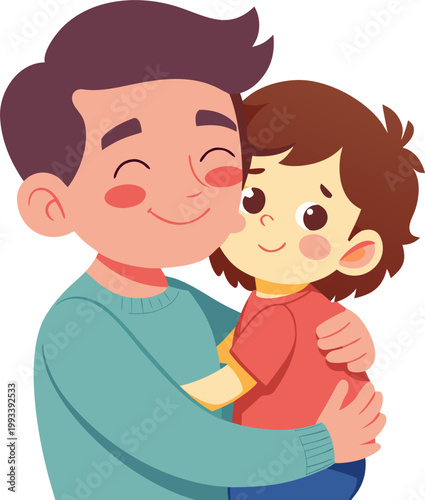 Cute father hugging little son tightly, emotional bonding, soft pastel colors, adorable cartoon vector , vector EPS vector icon
