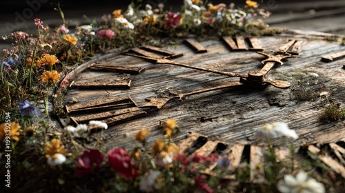 Close-up of an old, weathered clock face overgrown with vibrant wildflowers and moss, emphasizing the passage of time