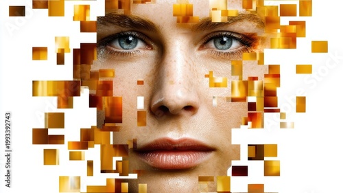 Woman s face grid pattern background close up of a woman s face with an abstract grid of squares surrounding her