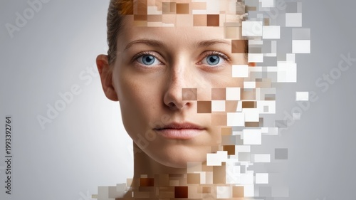 Woman with face made of squares surreal portrait of a woman whose face is composed entirely of geometric square shapes creating an abstract effect
