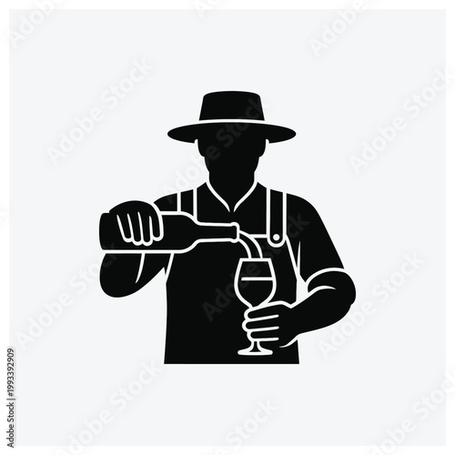Wine maker or sommelier silhouette icon with wine bottle and glass