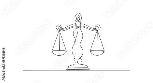 Scales of Justice, Law and Balance Concept, Simple Line Drawing Illustration