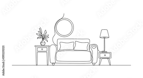 Minimalist Living Room Line Art: Sofa, Lamp, Plant, Mirror, Side Table