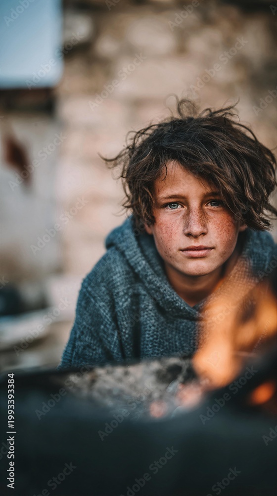 Obraz premium A cinematic close-up photograph of a young boy with a gap-toothed grin and messy hair, warming their hands over a small, crackling outdoor fire pit, within the deep shadows and cold stone textures ...