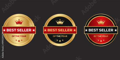 Best Seller Badge Label Set Premium Award Emblem Gold Red Marketing Vector Illustration