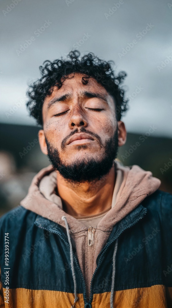 Fototapeta premium A cinematic close-up photograph of an artist with charcoal dust on their cheeks, lost in thought, meditating with eyes closed while leaning against a rugged tree, bathed in the steely blue-grey lig...
