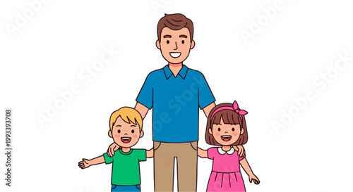 Vector illustration of a happy father with his two smiling children, all together. Father's Day concept