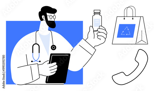 Telehealth, vaccination, online pharmacies, sustainability, healthcare logistics, communication. Doctor holding a vaccine bottle with a shopping bag and phone icons nearby. Telehealth and vaccination