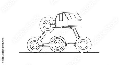 Continuous line drawing of a futuristic rover with a house-like cabin, science fiction concept.