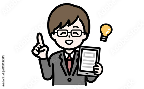 業務知識を共有するメガネの男性とタブレット研修イメージのベクター素材