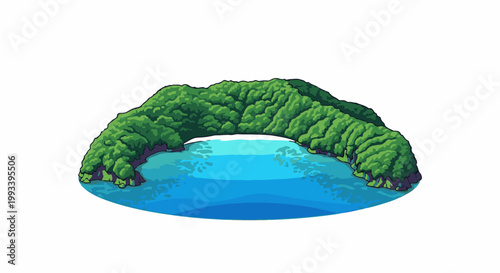 Pixel art showing a curved, lush green island with a cove of blue water