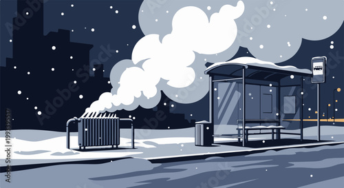 Pixel art snowy night cityscape with a bus stop and steaming radiator