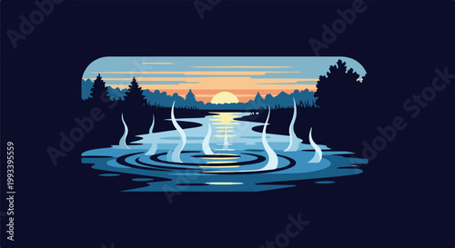 Pixel art sunset over a lake with creature tentacles rising