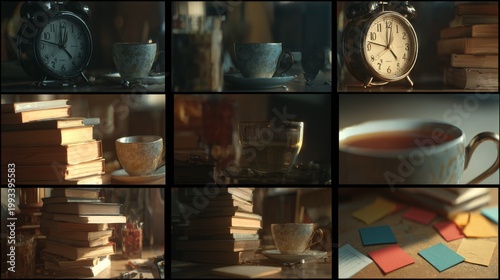 Nine-panel montage of teacups, clocks, & books in a warm, inviting setting, with soft focus & golden lighting