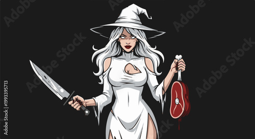 pixel art witch in white, holding knife and raw meat