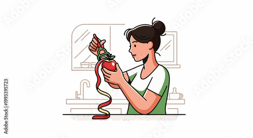 Person peeling a red apple in a kitchen
