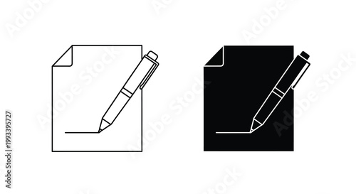 A simple illustration displays a document with a pen alongside its black and white counterpart high quality professional