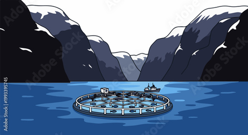 Pixelated aquatic farm with boat near snow-capped mountains