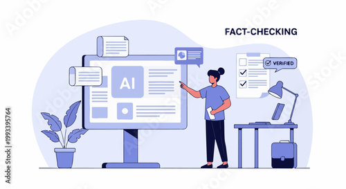Person pointing at AI content on screen with verified checklist on wall
